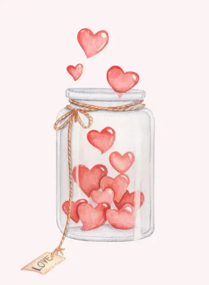 Contenant en verre contenant des coeurs rouges.