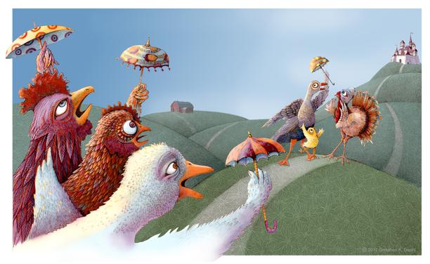 Colorful drawing illustrating a passage in the classic story, "Chicken Little". It depicts on the left 3 distressed fowl: a rooster, chicken and duck. They are holding tiny umbrellas and staring down the road at a little yellow chick, desperately telling goose and turkey about the sky falling down and the inevitable end of the world.