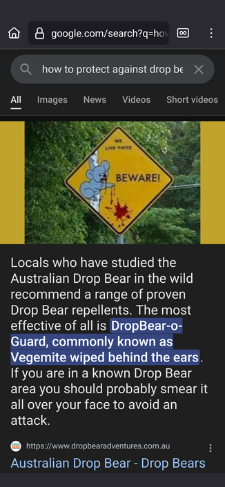 Screenshot of a Google query about how to protect against drop bears.  The "AI" summary is: 

"Locals who have studied the Australian Drop Bear in the wild recommend a range of proven Drop Bear repellents. The most effective of all is DropBear-o-Guard, commonly known as Vegemite wiped behind the ears. If you are in a known Drop Bear area you should probably smear it all over your face to avoid an attack."

Google's LLM seems not to understand that drop bears don't exist.