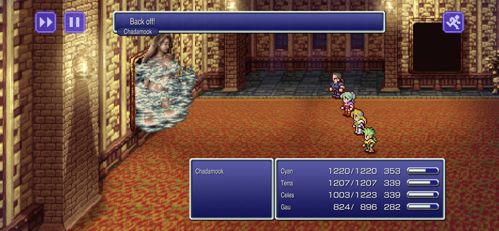 Alt text description:
In this scene from the video game Final Fantasy VI, we see a group of characters standing on an ornate red and gold platform in a palace setting. On the left side, there is a character with a blue shirt facing away from us, while another character with a purple outfit is on the right. In front of them stands a large statue holding a sword. The user interface at the bottom of the screen displays health points for three characters and their names: Chaos, Edgar, and Sabin.
