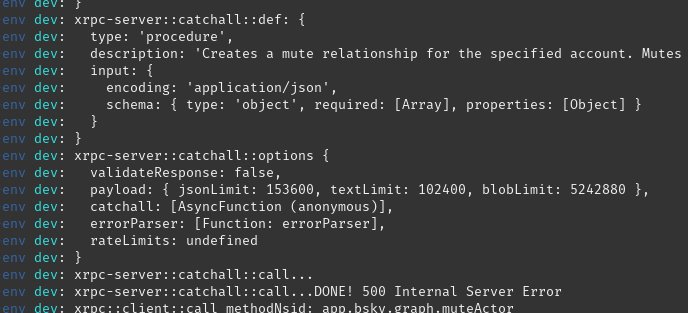 snapshot showing the 500 error returned by the call to catchall