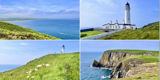 Four photo collage. A bright summers day, blue skies with some white cloud, bright green grass. Top left: grew grass coastal land, deep blue sea and white  trails from a small boat. Top right: white lighthouse tower and buildings, bright green grass. Bottom right: brown/grey craggy, steep cliffs dropping down to blue sea. Bottom left: bright green grassy hillside, pale cream wild carrot type flowers, white lighthouse tower in distance.