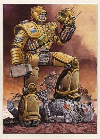 Artwork of Hammerstein the war droid holding his new 'civilian' head. Imagine an robot version of a soldier, tall and intimidating. In his hand he holds his second head whilst standing over the body of another robot.