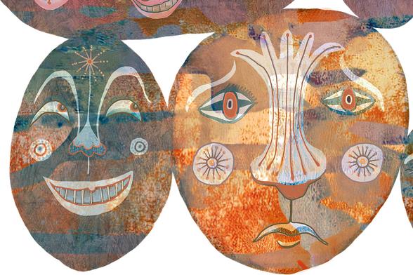 Various semi-abstract faces expressing varying emotions in a rainbow of colors and textures against a white background.