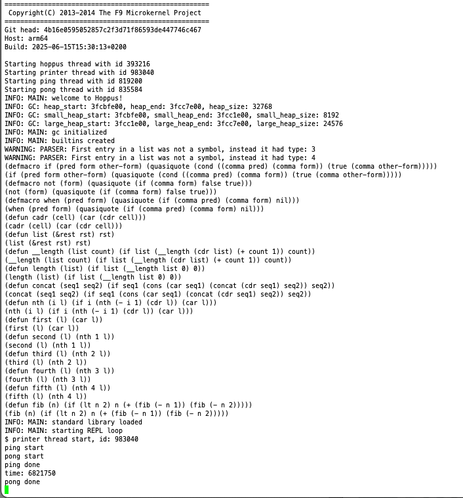 UART log of a booting RISC-V f9 kernel on an ESP32C3 with the Hoppus Lisp interpreter running on top, defining some Lisp macros.