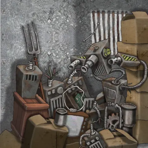 A textured digital artwork cartoon style image. Inside a small concrete room. There is junk piled up, with cardboard boxes, a broken TV, broken robot pieces and a gardening tool propped against the wall. There is a small window with rusty metal bars allowing light to enter. Just in front of the window stands a robot with a square body and head connected with thin metal arms and legs. At the end of it's arms are guns for hands. The robot stands there looking sad, with its head bowed, and its gun hands against it's head.