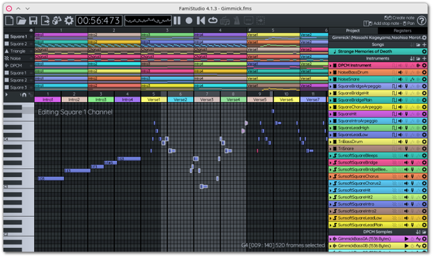🕶️ A view of its IU (on a dark theme) with music playing. Instruments are displayed on the right, while on the left is the piano, and in the center the notes played as bars.

📚️ FamiStudio is a libre, multi-platform tracker that's both powerful and simple/ergonomic. Designed to be easier to use than FamiTracker, its functionalities are nevertheless more limited. It is aimed at both chiptune artists and NES homebrewers. Initially designed for the Nintendo Entertainment System or Famicom, it can also be used for Linux and supports various import/export formats. It features a modern DAW-style interface with sequencer and piano roll.