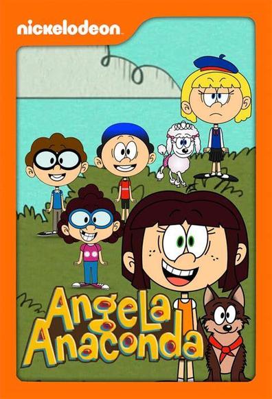 five child cartoon figures: the main character, Angela Anaconda (with her dog) and her friends / classmates as well as another dog. All children are ca. ten years old