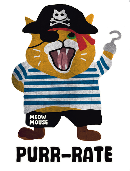 A ginger cat wearing an eye patch,  pirate's hat, striped shirt and a hook.