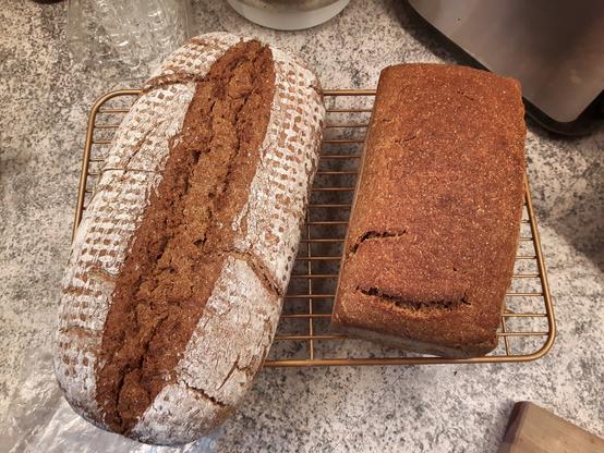 Zwei Laibe Brot, einer freigeschoben, einer als Kasten.