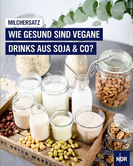 Bild: Verschiedene Milch-Alternativen, Nüsse, Mandeln usw. stehen bzw. liegen auf einem Tisch.

Text: Milchersatz: Wie gesund sind vegane Drinks und Soja & Co?