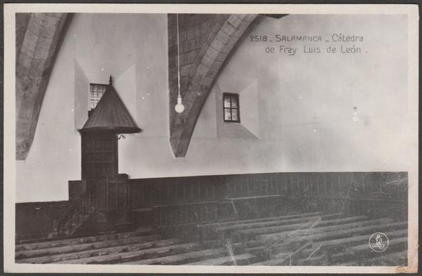 Monochrome real photographic postcard showing a view of the chair of Fray Luis de León in the University of Salamanca in Spain.

Published by Unique, Madrid, Londres & Paris, No 2518, c.1930.

Postally unused.

Fairly good condition, with very slight corner bumps, but staining and knock to bottom right corner.