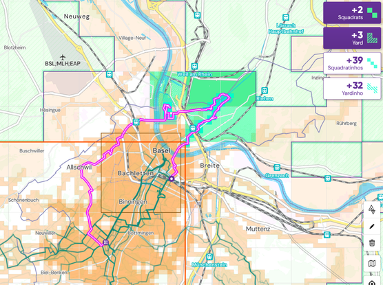 Screenshot of a ride from the squadrats web site showing a bunch of new squadrats and squadratinhos in freen, all Northeast of Basel