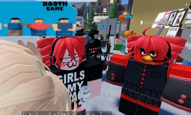 A roblox screenshot of two teto cosplayer, except one has an angry birds head.