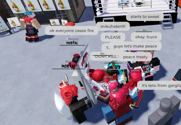 An overhead screenshot of a bunch of roblox avatars dressed as teto surrounding a miku