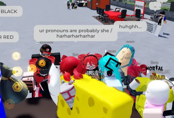A screenshot of one of the teto cosplayers saying 'Your pronouns are probably she/harharhar