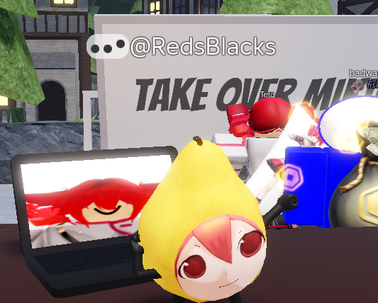 A screenshot of a roblox avatar cosplaying a pear with teto's face on it