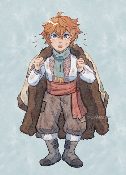 a digital fullbody drawing of young ajax from genshin impact, imitating style of a traditional watercolour painting. he is redesigned to have more traditional-looking clothing, inspired by ukrainian cossacks and ukrainian clothing in general. he is wearing a vyshyvanka with geometric red and blue-green embroidery, a blue-green scarf, a red sash tied around his middle, and brown sharovary tucked into boots. he has a kozhuh hanging off his shoulders keeping him warm. all his clothes look tattered and patched up to show the wear from battling as well as him coming from poverty. ajax has an excited, determined expression with his fists raised up.