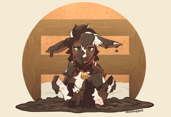 a digital fullbody drawing of a bepotelkh fawn (closed species from the bepotelkh arpg), depicted sitting on their behind in the mud, with splatters of mud all over their head, ears and body, implying an unlucky accident. they have a very displeased expression.