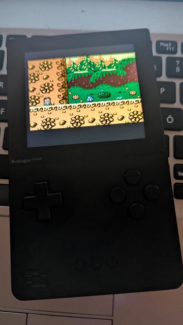 Foto vom laufenden Analogue Pocket mit dem NES-Spiel Sam's Journey.