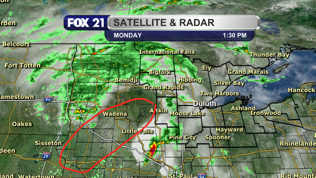 The satellite and radar over Minnesota and the Northland at 1:30 p.m. on Monday, June 16, 2025, shows a scattering of showers and a few thunderstorms over the western half of the Northland, with a mix of clouds and clear skies over northwest Wisconsin and the Upper Peninsula.  A clearing of cloud cover over central Minnesota is being observed, and the focal point for the development of strong and severe thunderstorms that will pass through our region later today.