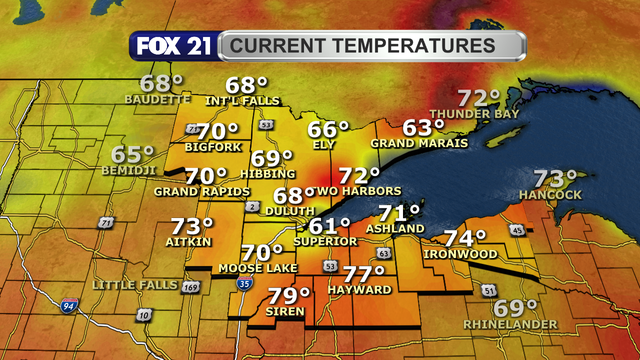 Temperatures in the Northland just after 1 p.m. on June 16, 2025, range from 61 to 79 degrees Fahrenheit.