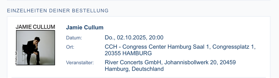 Bestellbestätigung: Jamie Cullum an 2.10.2025 im Congress Center in Hamburg. 🎉