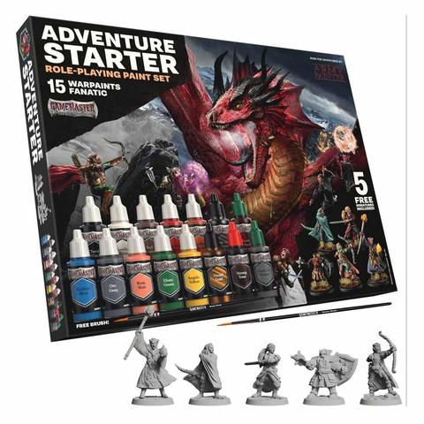 Produktbild des Adventure Starter Role-playing Paint Set. Im Hintergrund der Karton leicht schräg stehend, davor 5 verschiedene Miniaturen in grauem Plastik und ein Pinsel.