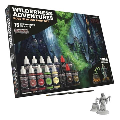 Produktbild des Wilderness Adventures Role-playing Paint Set. Im Hintergrund der Karton leicht schräg stehend, davor eine Miniatur in grauem Plastik und ein Pinsel.