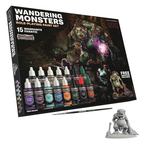 Produktbild des Wandering Monster Role-playing Paint Set. Im Hintergrund der Karton leicht schräg stehend, davor eine Miniatur eines Trolls in grauem Plastik und ein Pinsel.