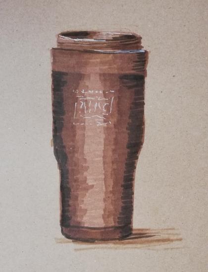 Sepia toned sketch of an insulated cup