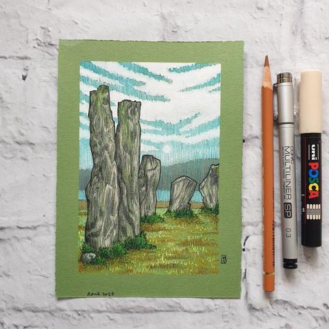 A small drawing of some of the Callanish standing stones on the Isle of Lewis, Scotland. The drawing is on green paper. It measures 5 by 7 inches.
The Callanish Stones are an arrangement of standing stones placed in a cruciform pattern with a central stone circle, located on the Isle of Lewis, Scotland. They were erected in the late Neolithic era.
An original art work
Colour pencil and mixed media on acid free toned artist paper
5 by 7 inches (12.7 by 17.8 cm).
Sold unframed