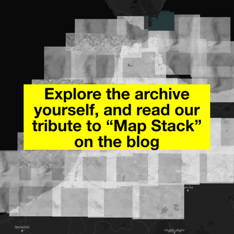 A black-and-white collage of maps overlaid with the text "Explore the archive yourself, and read our tribute to Map Stack on the blog"