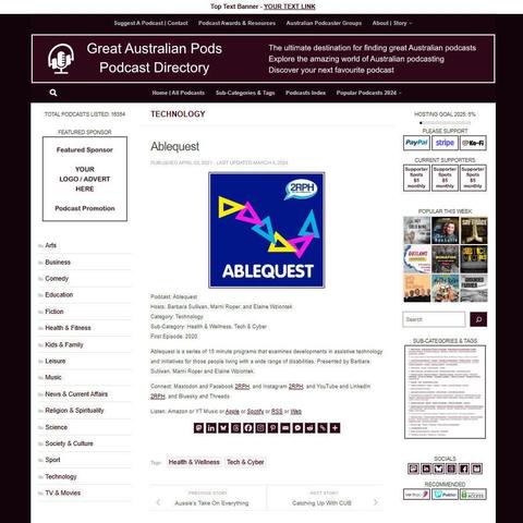 Ablequest
Screenshot of the podcast listing on the Great Australian Pods website