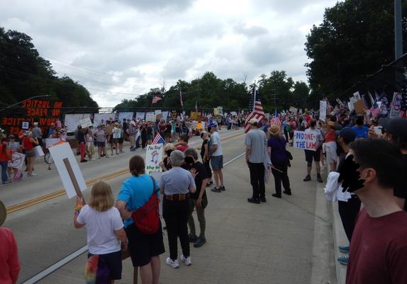 A large crowd of protestors stand on a highway overpass bridge waving US flags and holding anti-Trump signs. Signs are also mounted on the overpass fence to be visible to cars on the highway below. The crowd lines both sides of the road, and have spilled out over the sidewalks onto the road. Faces of protestors have been edited out for privacy.