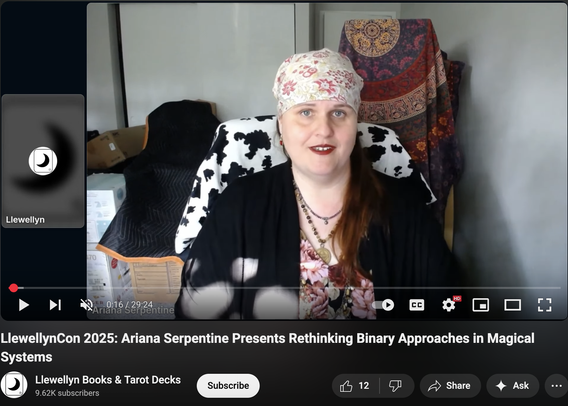 Screenshot of video on YouTube showing Ariana Serpentine talking at LlewellynCon