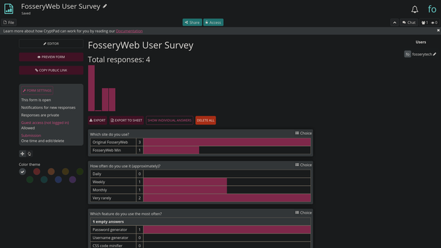 FosseryWeb User Survey answers on CryptPad's interface
