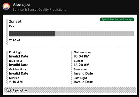 Screenshot of Alpenglow TRMNL plugin that shows "Invalid date" for various sunset/sunrise sections.