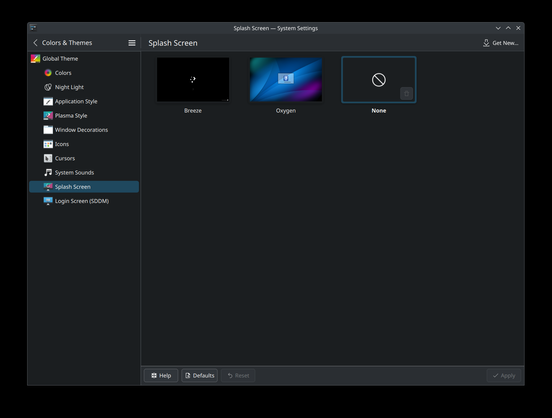 Screenshot of KDE Colors and Themes showing the Splash Screen setting with Breeze, Oxygen or None as possible selections. None is selected