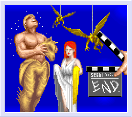 Image from the ending of "Altered Beast", showing a man standing next to a woman on what appears to be a movie set. The woman is wearing a white dress, and the man is wearing an anthropomorphic wolf costume.