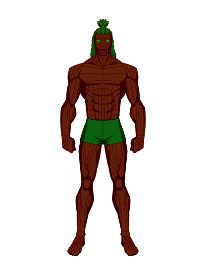 A muscular humanoid in green shorts, with wood for flesh, bark for skin, and leaves for hair.