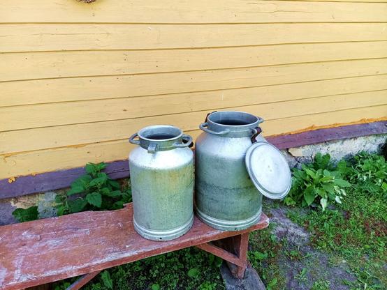 Two aluminium milk cans sitting on a bench in front of a yellow house. One about 15 liters the other about 25. They have attached lids which need a new rubber seal.
