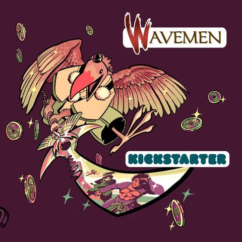A sword-wielding tengu leaping through coins. Text: Wavemen Kickstarter. Image by Jackarais.