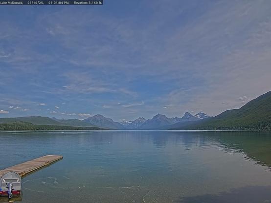 Calm water, an empty dock, and distant mountains in this view from Lake McDonald in Glacier National Park today. A single boat remains tied to the dock. A variety of cloud shapes appear in an otherwise blue sky.  The slopes surrounding the lake are green with vegetation. Snow dots the mountain peaks.