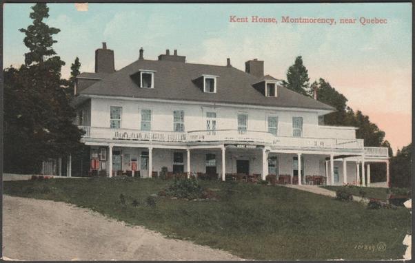 Printed colour postcard showing a view of Kent House at Montmorency in Beauport, Quebec City, Quebec, Canada.
Published by E.P. Charlton & Coy Ltd, Quebec, No 101,289 JV, c.1905-10.
Postally unused.
Fair condition, with very slight corner bumps and medium album marks, but chips to bottom right corner and centre left of top edge.