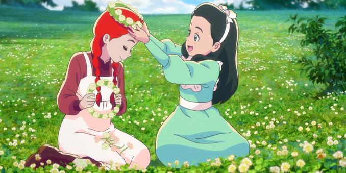 Anne and Diana, two young girls sitting in a field of flowers. Diana puts a tiara of flowers onto Anne's red hair.