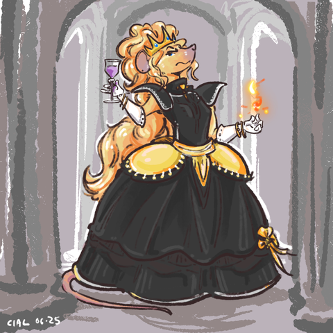 digital art by me (no ai) of a tall, lithe mouse woman with golden fur. she looks down at the viewer, aloof, holding a wine glass in one gloved hand and lighting a supernatural fire with the other. her gown is long, flowing and black with multiple, most likely supported by hoops inside to keep its shape and width. a golden crown sits atop her head and her wavy golden hair flows past her waist.