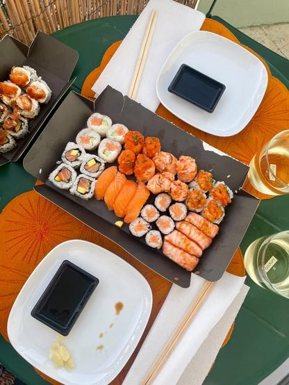 Table view from above with sushi and white wine