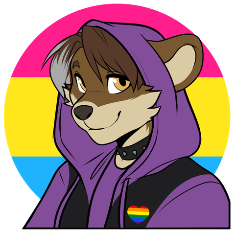 Sascha the bearkitty, an anthro bear-lynx with a grey streak in his hair, is smiling calmly at the viewer. This grey streak, as opposed to purple, indicates that this is my Cyberpunk fursona.
Sascha is wearing a comfy black and purple hoodie with the hood pulled up and a heart-shaped rainbow pain. The background is the pansexual rpide flag.