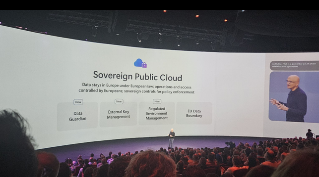 Micosoft ceo presenting sldie that says 'sovereign public cloud'